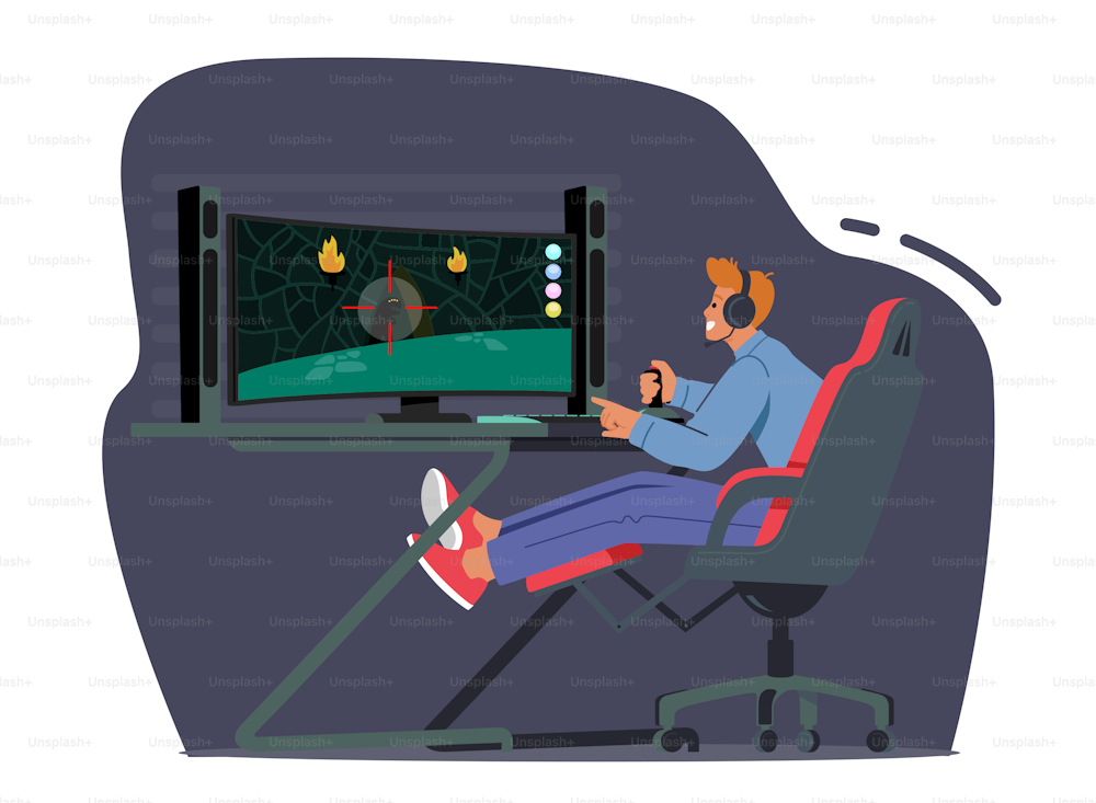Gamer Teenager Charakter spielt Computerspiele mit professionellem Desktop und Ausrüstung. Teenager in Headset und Joystick schießen militärische Ziele auf dem Bildschirm. Cartoon Menschen Vektor Illustration