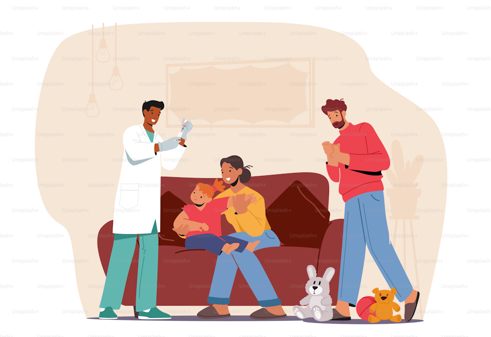 Doctor Shoot Vaccine to Little Child. Family Characters Mom and Baby Examined by Pediatrician at Home, Specialist Neonatologist Medical Appointment, Treatment. Cartoon People Vector Illustration