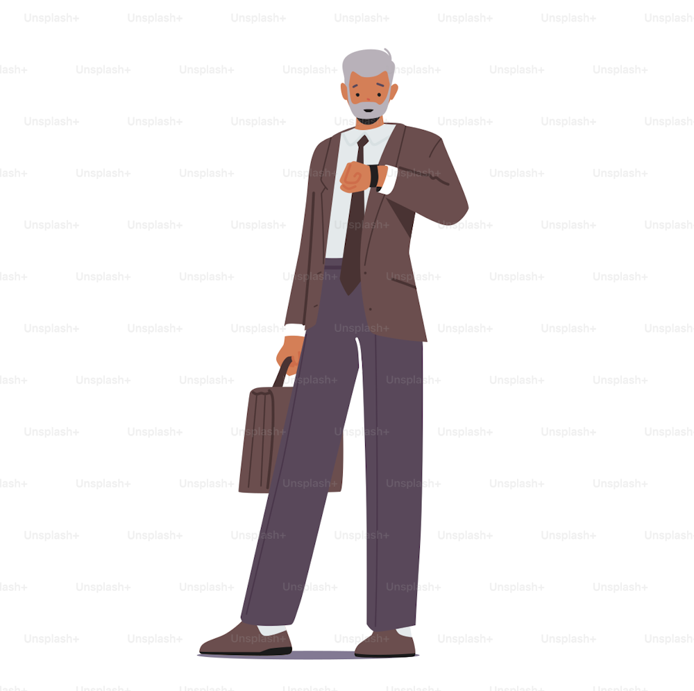 Businessman Look on Wrist Watch Waiting Meeting or Appointment. Senior Grey Haired Male Character Wear Formal Suit with Briefcase Isolated on White Background. Cartoon Vector Illustration, Clip Art