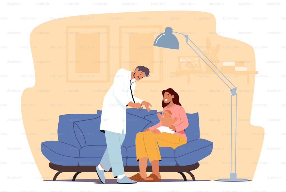 Family Doctor Visit Baby for Checkup, Pediatrician Doctor Character Examine Sick Child with Mom at Home, Otolaryngologist Neonatologist with Stethoscope Appointment. Cartoon People Vector Illustration