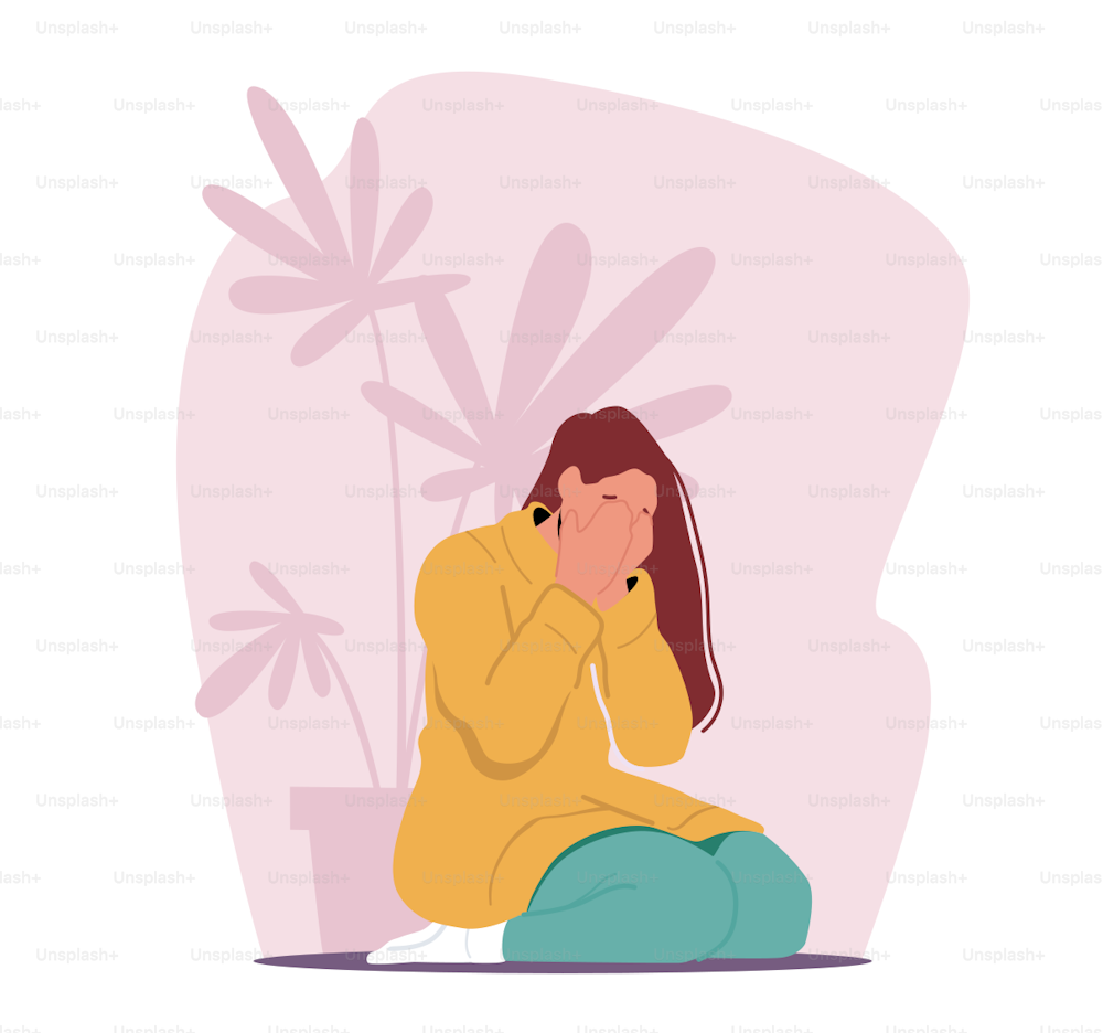 Stress, Anxiety, Loneliness, Despair, Frustration, Life Problem Concept. Young Depressed Upset Desperate Woman Character Sit on Floor Covering Face and Crying. Depression. Cartoon Vector Illustration