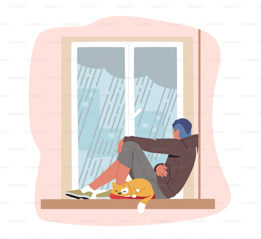Despair, Frustration, Life Problems Concept. Young Depressed Upset Desperate Man Character Sit on Windowsill Look on Rain Outside. Depression, Stress, Melancholy Concept. Cartoon Vector Illustration