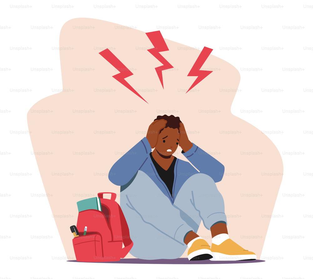 Depressed and Anxious Young Man Suffering of Depression, Stress and Anxiety Problem Feeling Frustrated Sitting on Floor with Flashes above Head. Sad or Desperate Character. Cartoon Vector Illustration