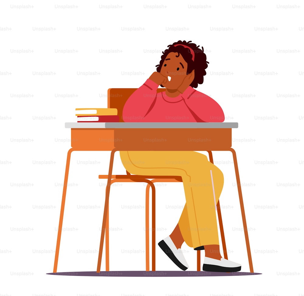 Boring Child Sitting at Desk Yawning while Listening Lecture on Lesson in School, Little African Pupil or Student Kid Character Boredom in Class, Primary Education. Cartoon People Vector Illustration