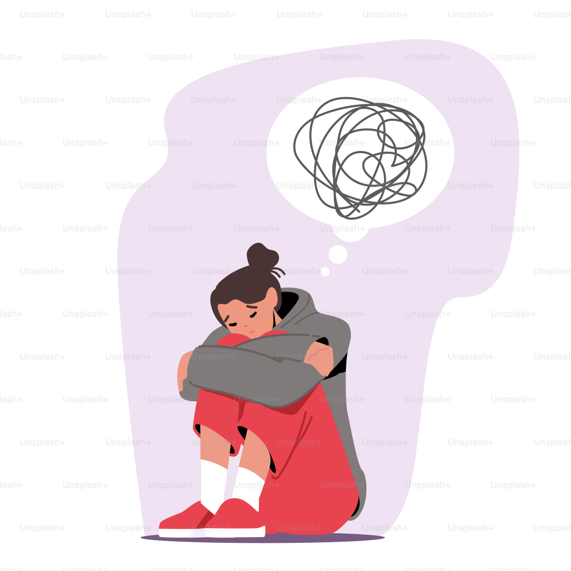 Female Character Depression, Stress. Depressed Unhappy Woman Sit on Floor with Tangled Thoughts in Head, Girl Need Psychological Help. Mind Health Problem, Mental Disease. Cartoon Vector Illustration