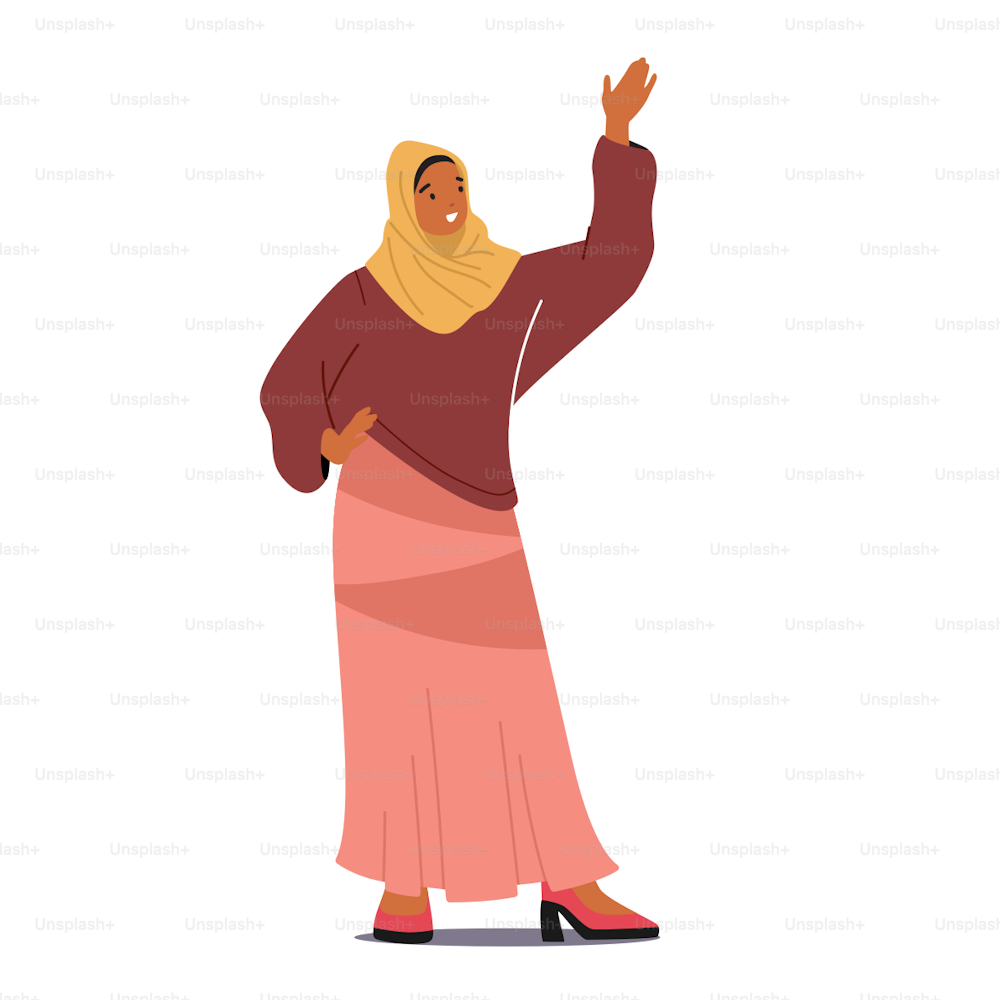 Mulher árabe acenando com a mão. Personagem feminina muçulmana árabe vestida com traje nacional tradicional marrom árabe Hijab dizer olá, bem-vindo isolado no fundo branco. Ilustração vetorial de pessoas dos desenhos animados
