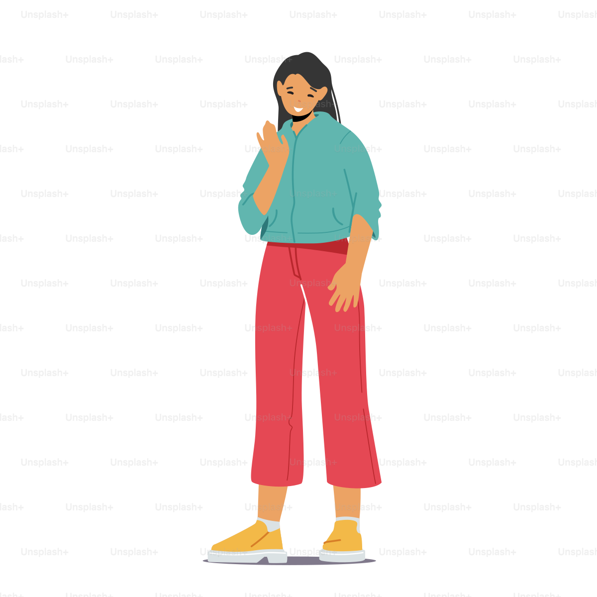 Personaje femenino asiático feliz saludando con la mano. Mujer saluda, saluda a amiga, chica alegre, emoción positiva, hola gesticulando, lenguaje corporal aislado sobre fondo blanco. Ilustración vectorial de dibujos animados
