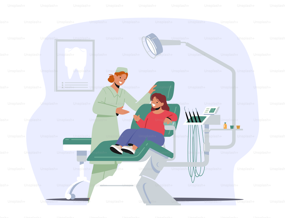 Child at Dentist Office. Little Girl Patient at Dental Clinic for Kids Sitting at Chair with Equipment for Teeth and Oral Cavity Checkup. Stomatology Female Doctor Medic. Cartoon Vector Illustration