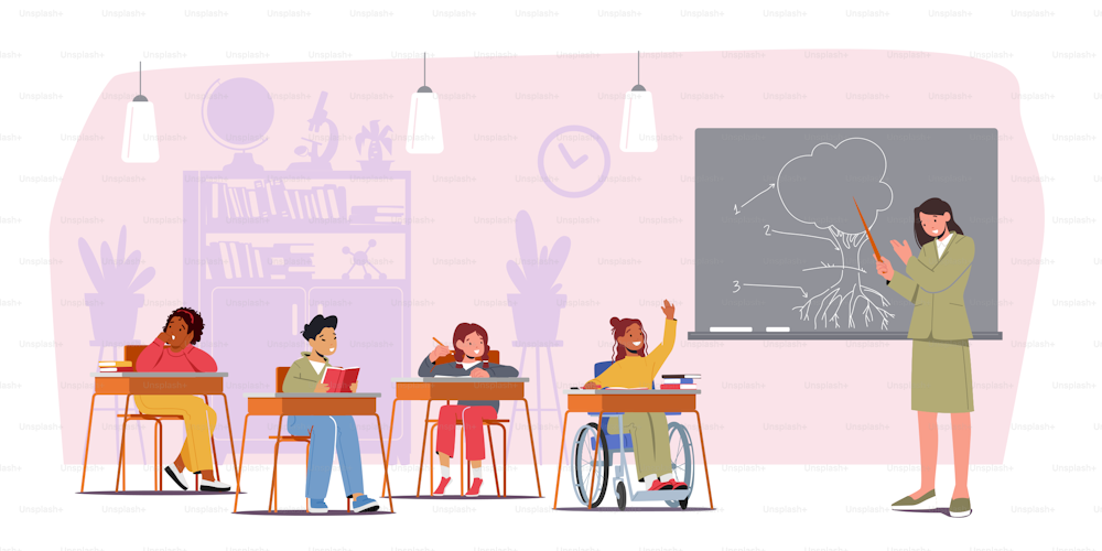 Disability and Education Concept, Kids Characters on Lesson. Children with Teacher in Classroom. Disabled Boy in Wheelchair Sitting at Desk in Class. Back to School. Cartoon People Vector Illustration