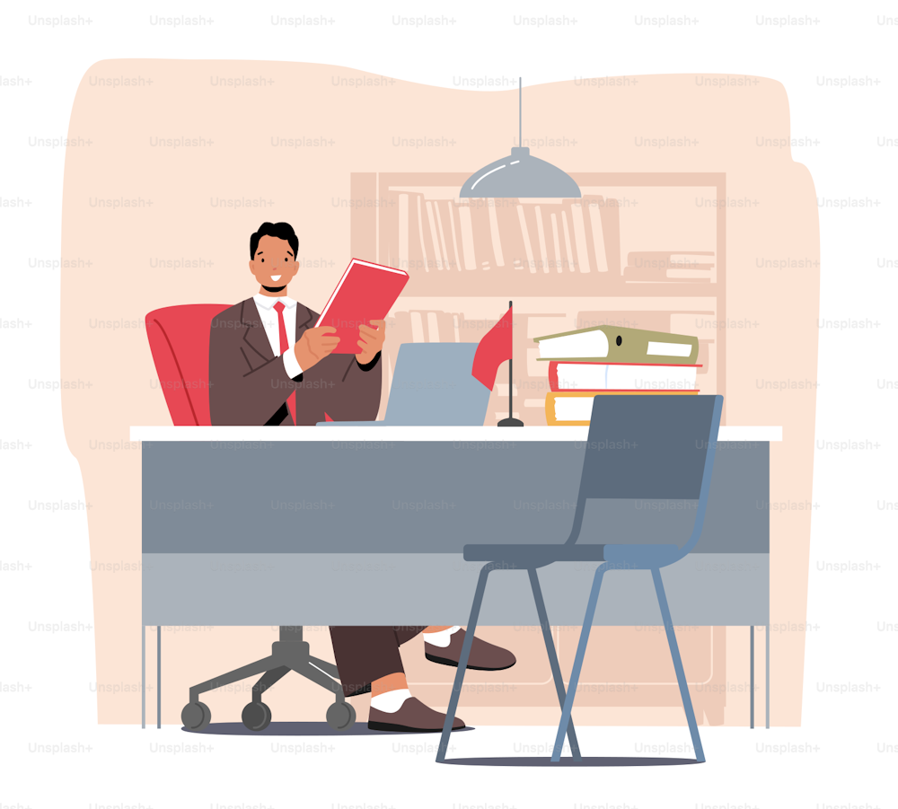 Male Bank Worker Sitting at Table Workplace Holding Folder in Hands. Banking Assistant, Service Providing to Customers, Accountant or Lawyer Office Department. Cartoon People Vector Illustration