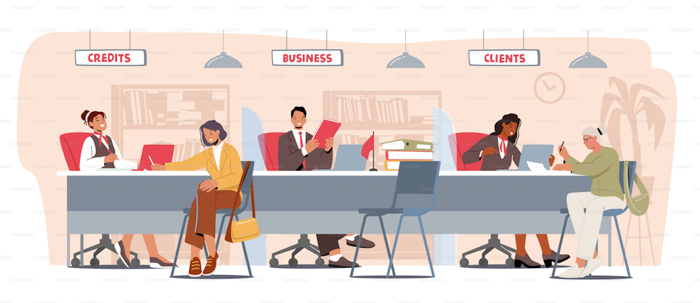 People on Bank Office Reception. Characters Use Banking Finance Services. Client Talking to Managers about Deposit or Cash Operation. Clerks Providing Service to Customers. Cartoon Vector Illustration