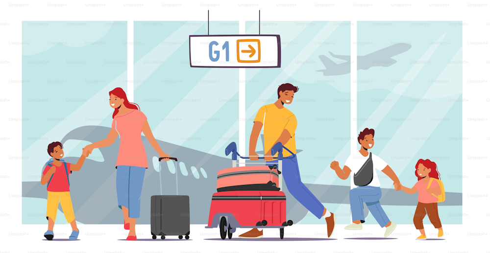 Happy Parents and Children in Airport Terminal, Mother and Father Travelling with Kids, Family Characters with Bags Walk to Airplane. People Flying on Summer Vacation. Cartoon Vector Illustration