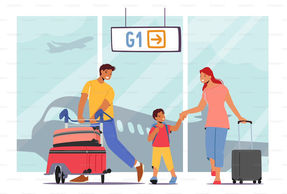 Father, Mother and Son Characters Traveling Together. Family Travel with Child on Summer Vacation. Parents and Kid in Airport with Luggage Fly for Holidays. Cartoon People Vector Illustration