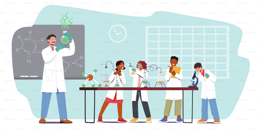 Little Researchers Conduct Experiment in Chemistry Class. Schoolkids Characters on Lesson in Classroom with Teacher Conducting Chemical Experiment with Equipment. Cartoon People Vector Illustration