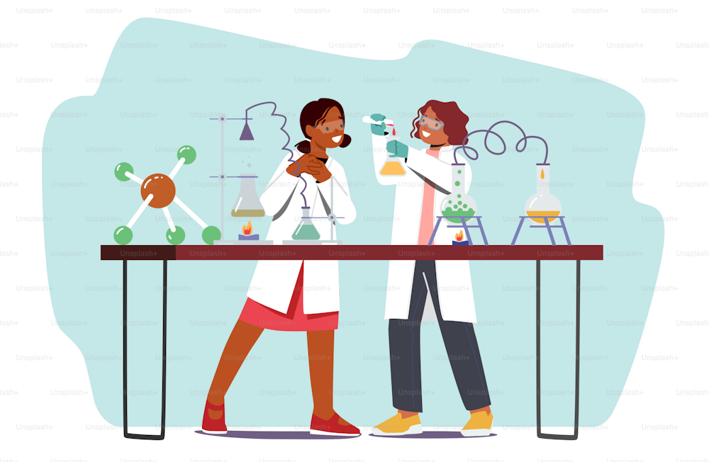 Educational Science Activities for Kids. School Children Characters in Lab Conduct Scientific Experiment with Chemicals and Equipment in Chemistry Laboratory. Cartoon People Vector Illustration