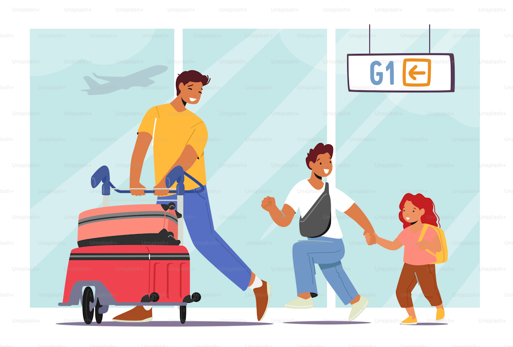 Padre viajando con personajes de hija e hijo. Joven con niños empujando un carrito con maletas en la terminal de salida del aeropuerto Fondo con aviones. Ilustración vectorial de dibujos animados.
