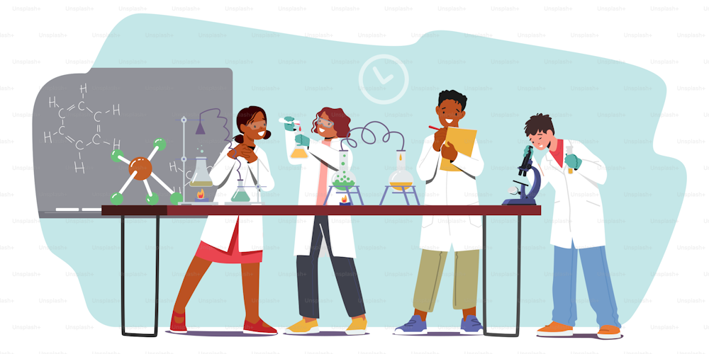 Kids Working and Experimenting in Refinery Laboratory, Children Characters Study Chemistry in Classroom with Test Tubes, Beakers and Science Tools, Chemist Students. Cartoon People Vector Illustration