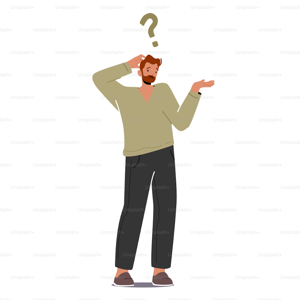 Confused Man Scratching Occiput with Big Question Mark over Head. Thinking Process, Curious Person Asking Questions, Character Ask, Searching Answers and Problem Solution. Cartoon Vector Illustration