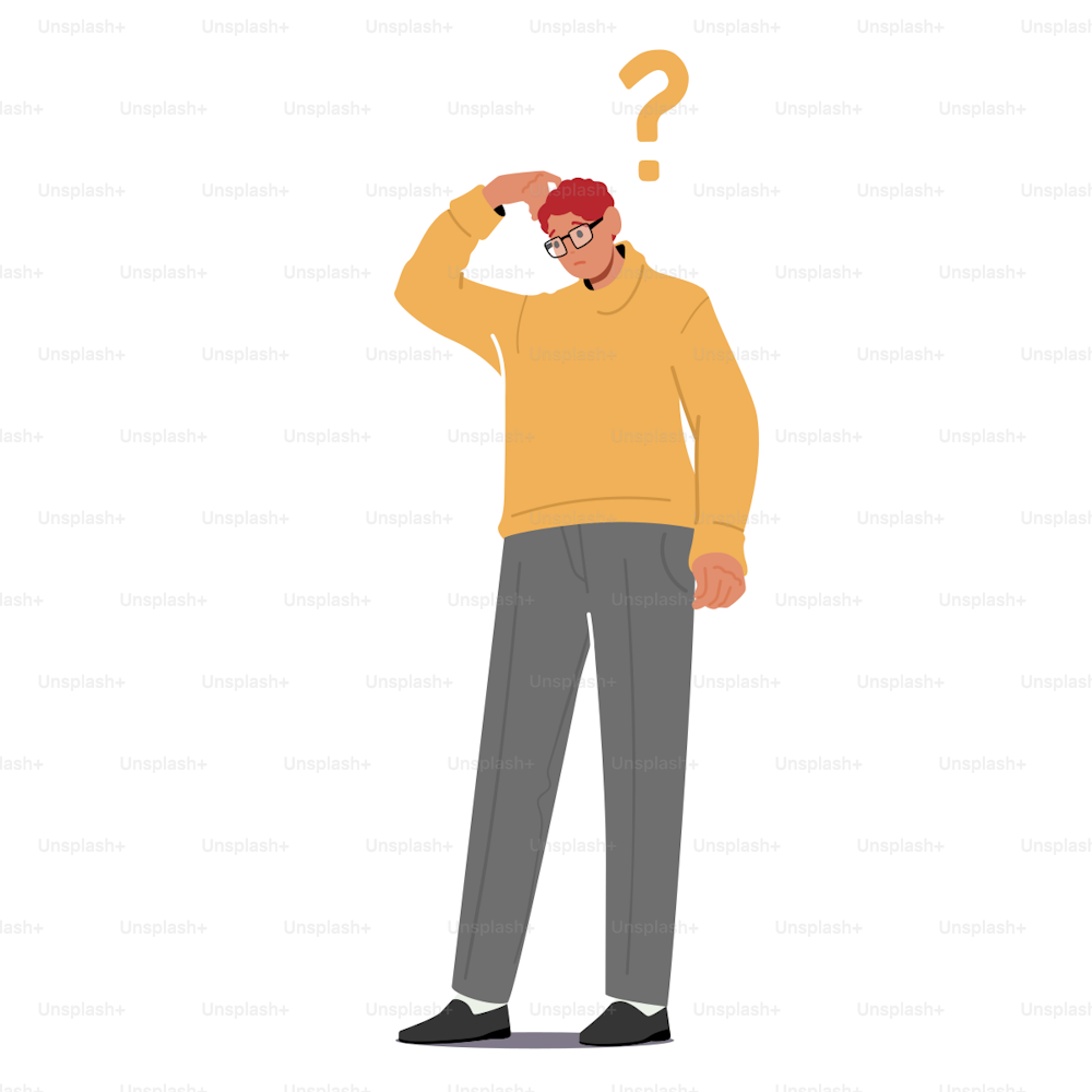 Young Man Scratching Head with Question Mark above Head Isolated on White Background. Male Character Thinking, Search Solution, Solve Difficult Task, Develop Idea. Cartoon Vector Illustration
