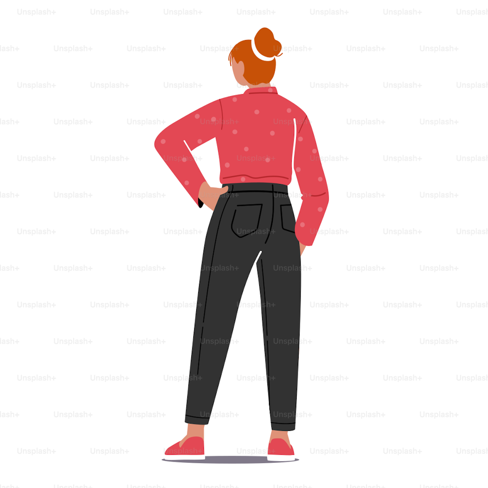 Ginger Hair Woman Back View, Female Character with Arm Akimbo Rear Position Isolated on White Background. Young Girl Student, Businesswoman or Abstract Person. Cartoon People Vector Illustration