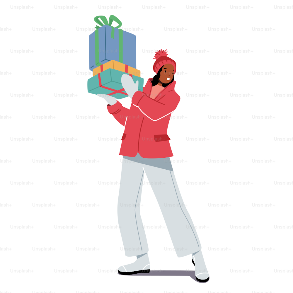 Glückliche afrikanische weibliche Figur erhalten Geschenk. Frau mit großer verpackter Geschenkbox. Festliche Veranstaltung und Winterferien Feier, Weihnachtsüberraschung isoliert auf weißem Hintergrund. Cartoon-Vektor-Illustration