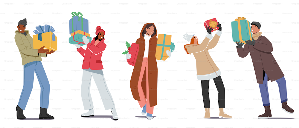 Happy People in Warm Winter Wear and Hats Holding Gift Boxes for Christmas Celebration. Characters Men and Women Buying Presents for Holidays Isolated on White Background. Cartoon Vector Illustration