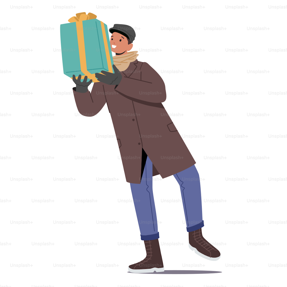 Happy Man in Winter Clothes Holding Gift Box. Male Character Shopping at Christmas Sale. Man Buying Present for Family and Friends on Holidays Isolated on White Background. Cartoon Vector Illustration
