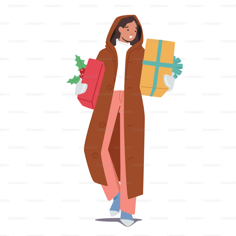 Happy Girl avec des coffrets cadeaux de Noël, un personnage féminin tenant des cadeaux pour la célébration des vacances d’hiver. Événement festif avec cadeaux et salutations isolés sur fond blanc. Illustration vectorielle de bande dessinée