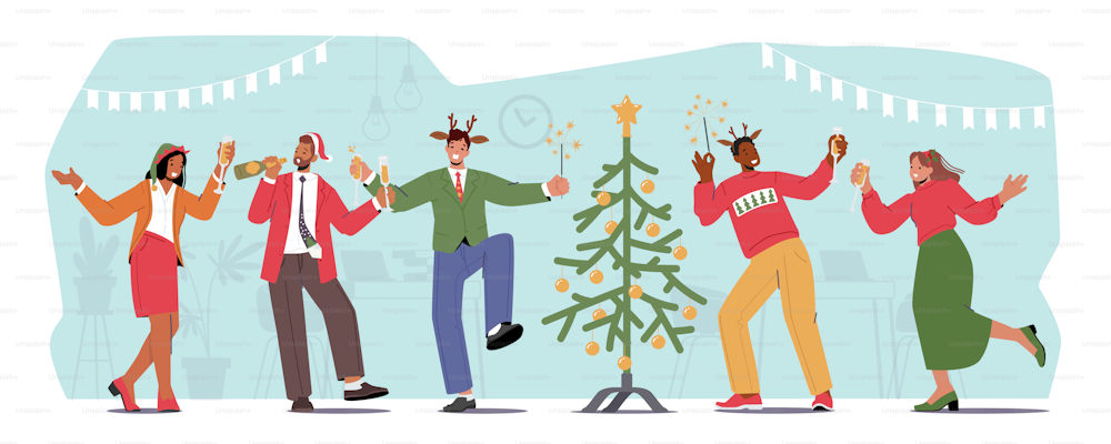 Business People Celebrating Corporate New Year Party with Champagne Glasses and Fir-Tree. Happy Colleague Managers Team in Santa Hats Celebrate Christmas Holiday in Office. Cartoon Vector Illustration