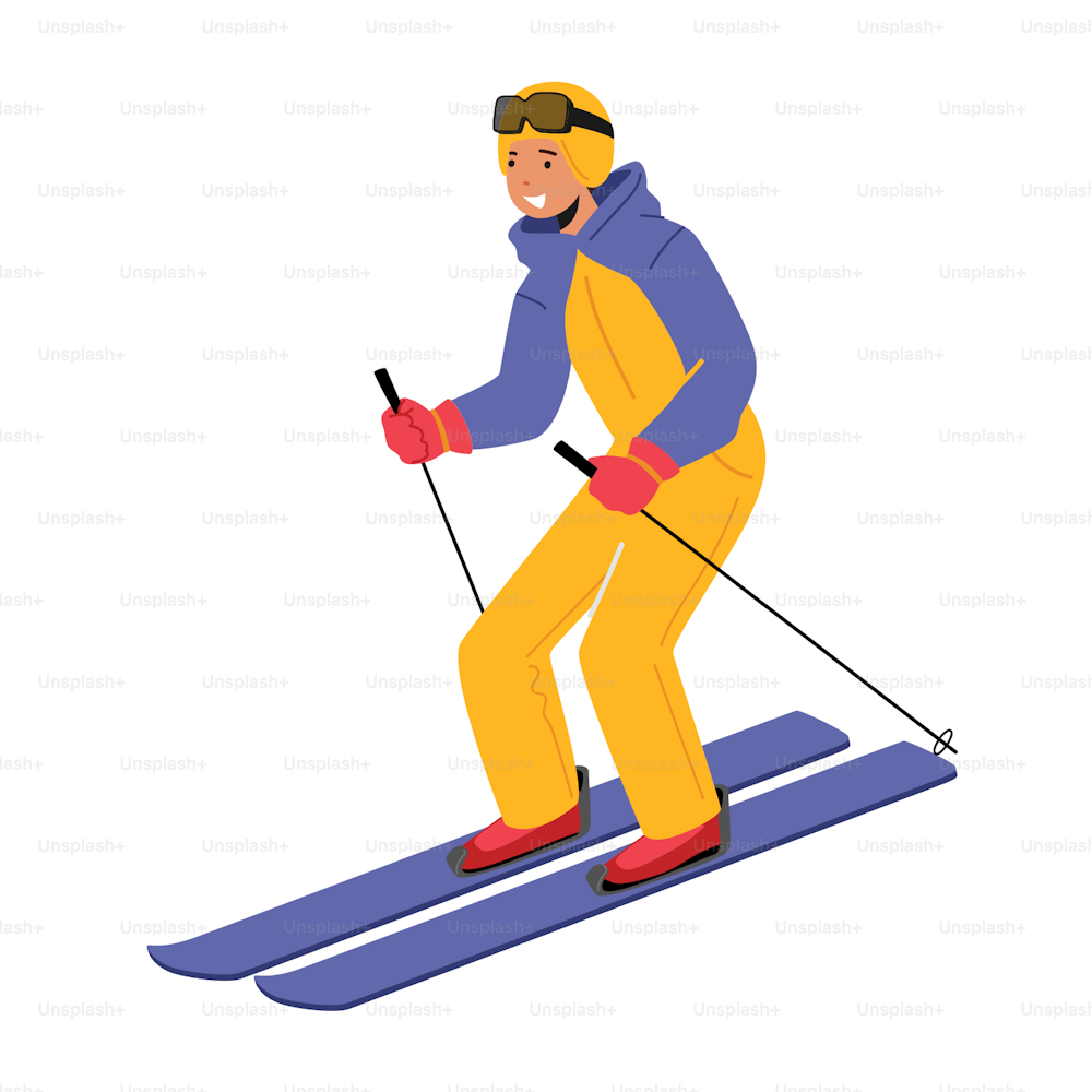 Young Woman Wearing Warm Sportive Costume and Goggles Going Downhill by Skis Isolated on White Background. Winter Sports, Outdoors Leisure, Active Spare Time. Cartoon Vector Illustration