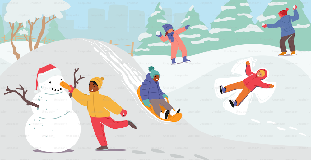 Personajes de niños pequeños disfrutando de la diversión en la nieve y las vacaciones de invierno de la temporada festiva. Niños felices haciendo muñecos de nieve, jugando bolas de nieve, actividades de invierno y tiempo libre familiar. Ilustración de personas vectoriales