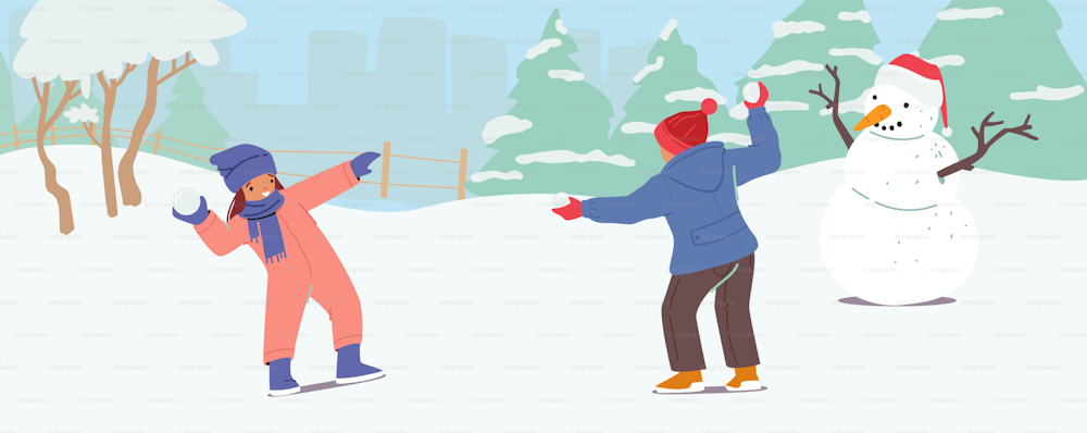 冬の屋外レジャーやアクティビティ。路上で雪玉を弾く幸せな小さな子どもの男の子と女の子。クリスマスや年末年始に楽しむ子供たち。漫画の人々のベクターイラスト