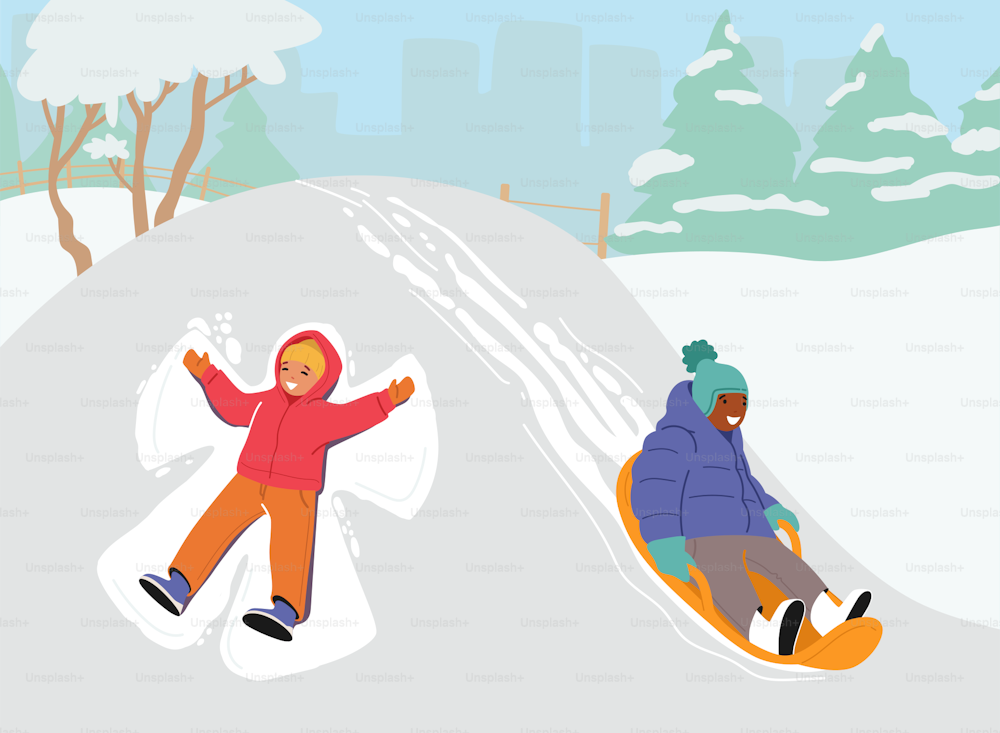 Happy Children Winter Activities. Little Friends Outdoor Leisure, Kids Characters Riding Downhill the Slide Having Fun at Christmas Holidays, Wintertime, Childhood. Cartoon People Vector Illustration