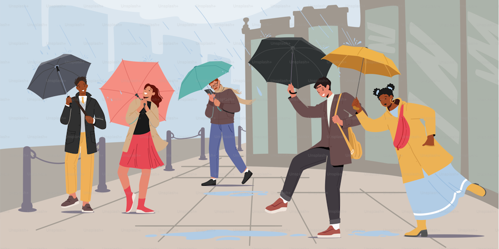 Gente mojada con paraguas caminando bajo la lluvia. Feliz transeúnte empapado en el lluvioso día de otoño o primavera. Los personajes caminan contra el viento y la lluvia, el agua fría brota del cielo. Ilustración vectorial de dibujos animados