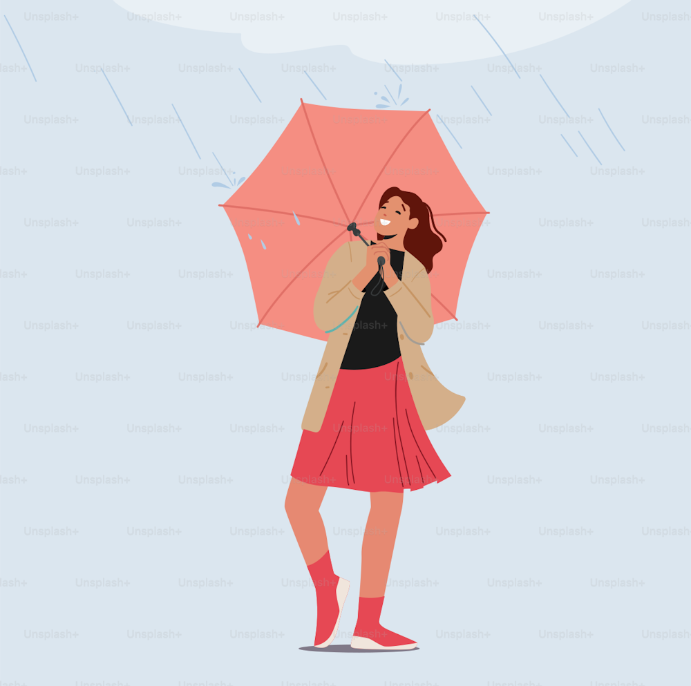 Alegre joven habitante de la ciudad sosteniendo un paraguas bajo la lluvia aislado sobre fondo gris. Clima de primavera u otoño de la temporada de lluvias, pronóstico de meteorología de tormentas. Ilustración vectorial plana de dibujos animados