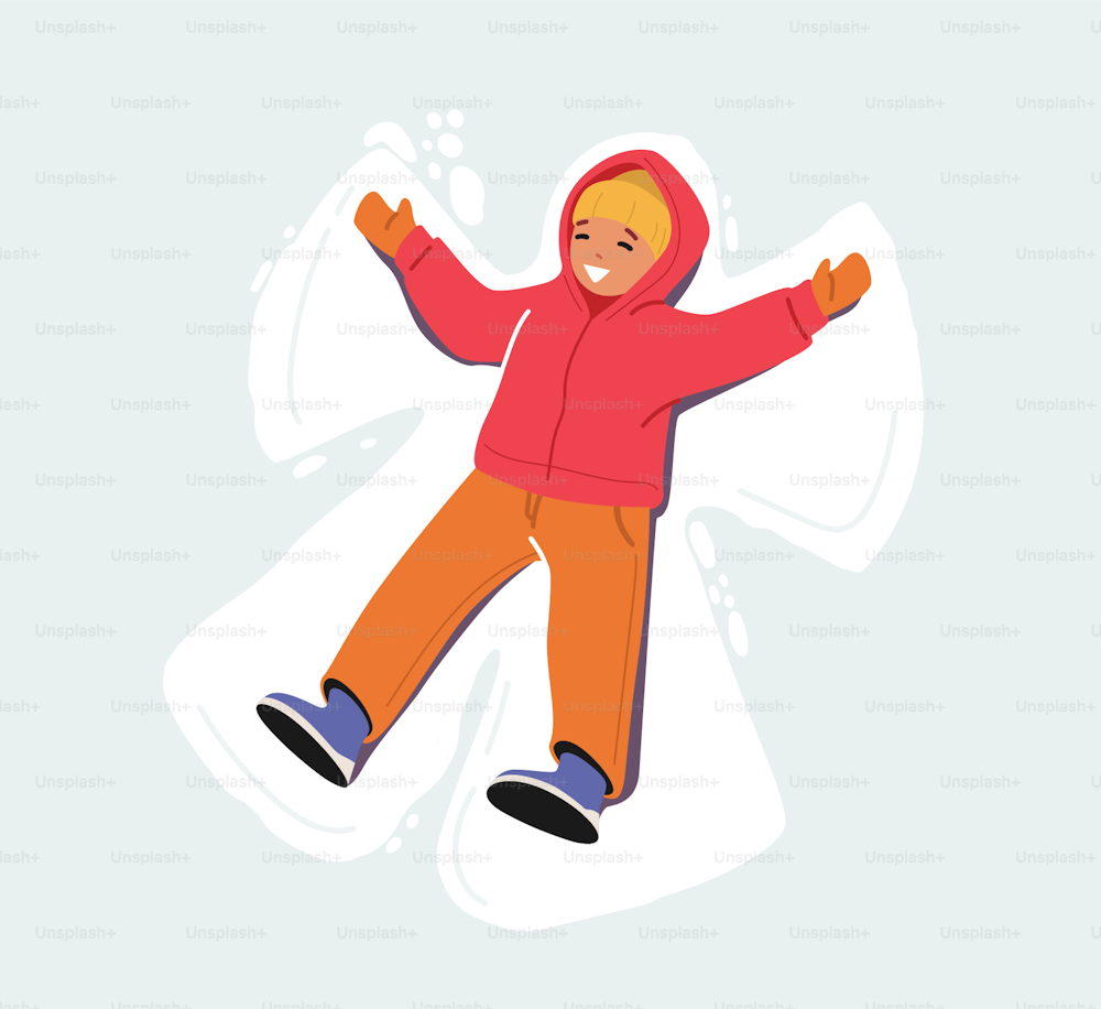 Little Child Enjoy First Snowfall. Happy Girl Lying in Snow on Back and Moving Arms and Legs. Smiling Kid Making Snow Angel. Winter Entertainments and Fun Recreation. Cartoon Vector Illustration