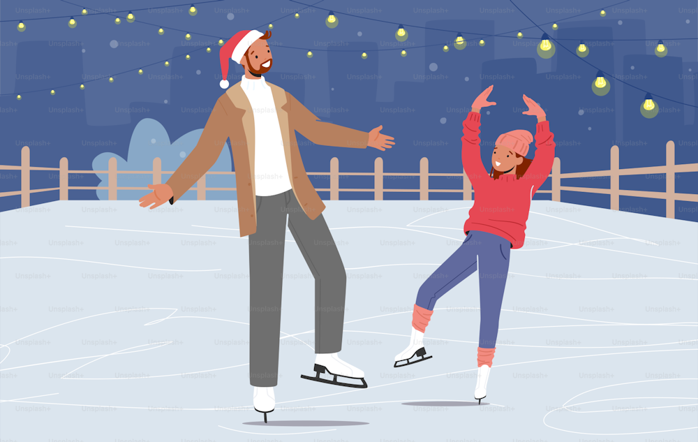 Família feliz do pai e da filhinha patinando em pista ao ar livre no inverno. Papai e menina passam um tempo juntos no parque se divertindo ao ar livre, as pessoas patinando atividade. Ilustração vetorial dos desenhos animados