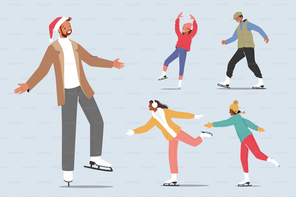 Set of Men and Women Characters Figure Skating on Ice Rink. Happy People Outdoor Leisure and Activities. Christmas Holidays Spare Time, Winter Sport, Hobby. Cartoon Vector Illustration