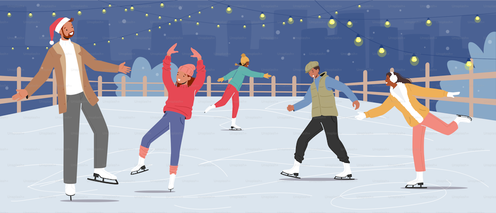 Happy People Wearing Warm Clothes Skating on Frozen Pond. Skaters on Ice Rink Engaged Winter Activities and Sports. Winter Holidays Festive Season, Family Spare Time. Cartoon Vector Illustration