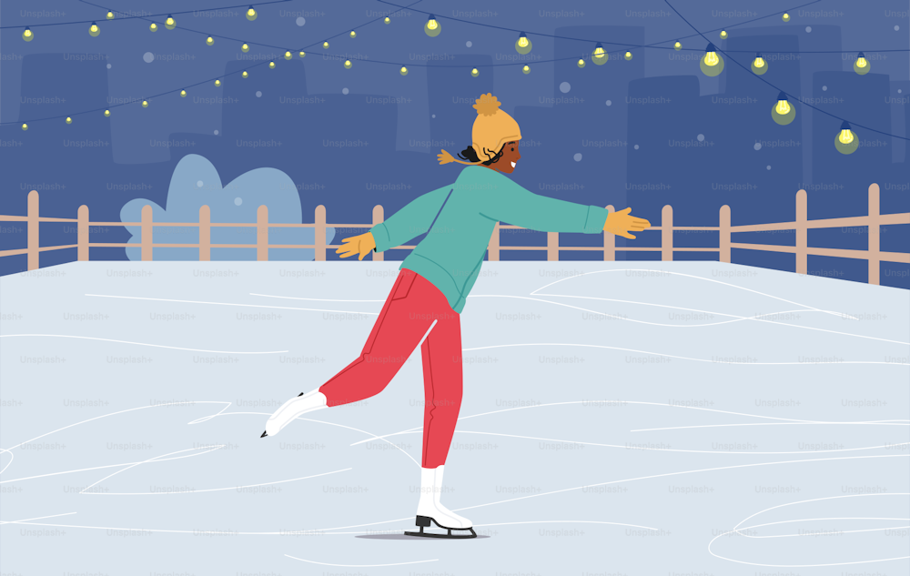 아이스링크에서 크리스마스 휴가 여가 시간. 따뜻한 옷을 입은 행복한 아프리카 소녀가 얼어붙은 연못이나 밤 겨울 공원에서 야외에서 스케이트를 탄다. 겨울 휴가 및 엔터테인먼트. 만화 벡터 일러스트레이션