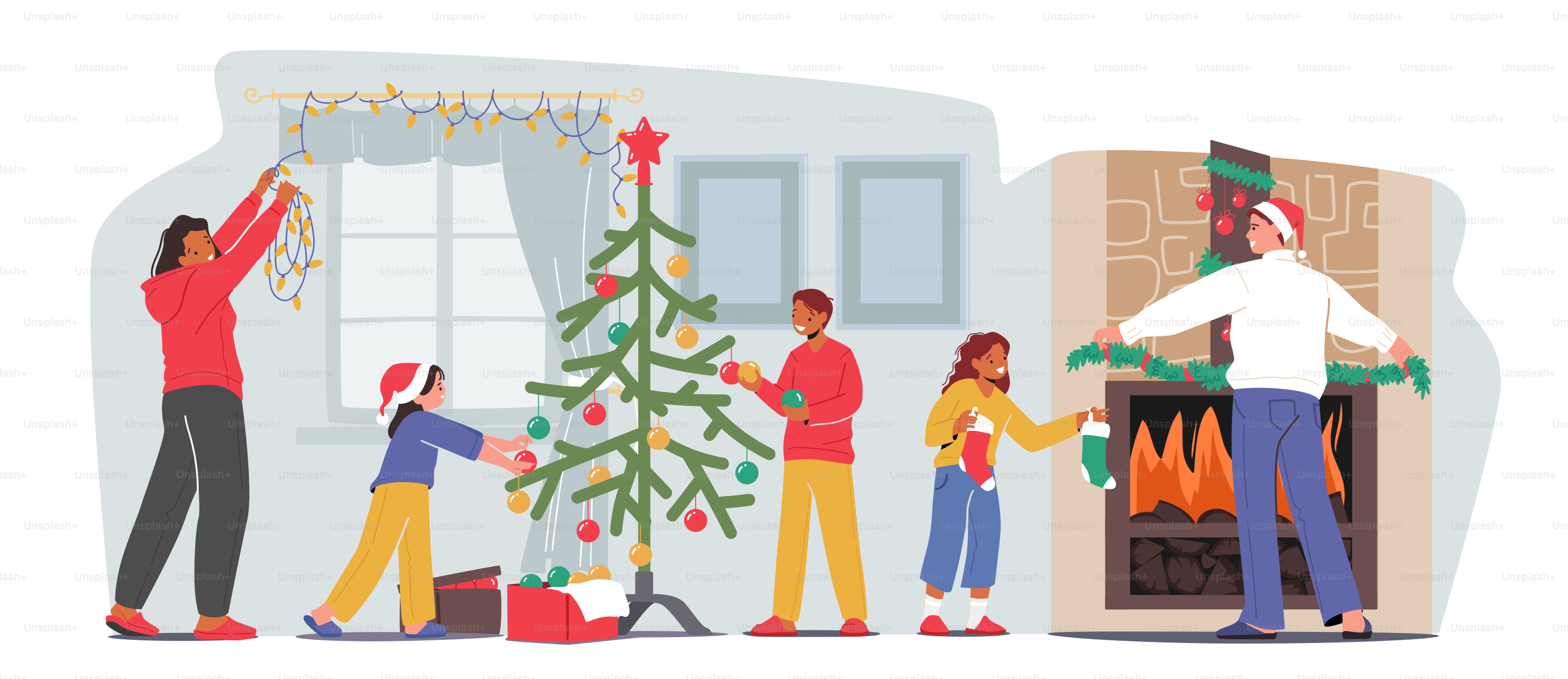 Happy Family Decorating Room for Christmas. Mother Decorate Window with Garland, Little Children Hang Toys on Beautiful Fir Tree, Father Put Spruce Branches on Fireplace. Cartoon Vector Illustration