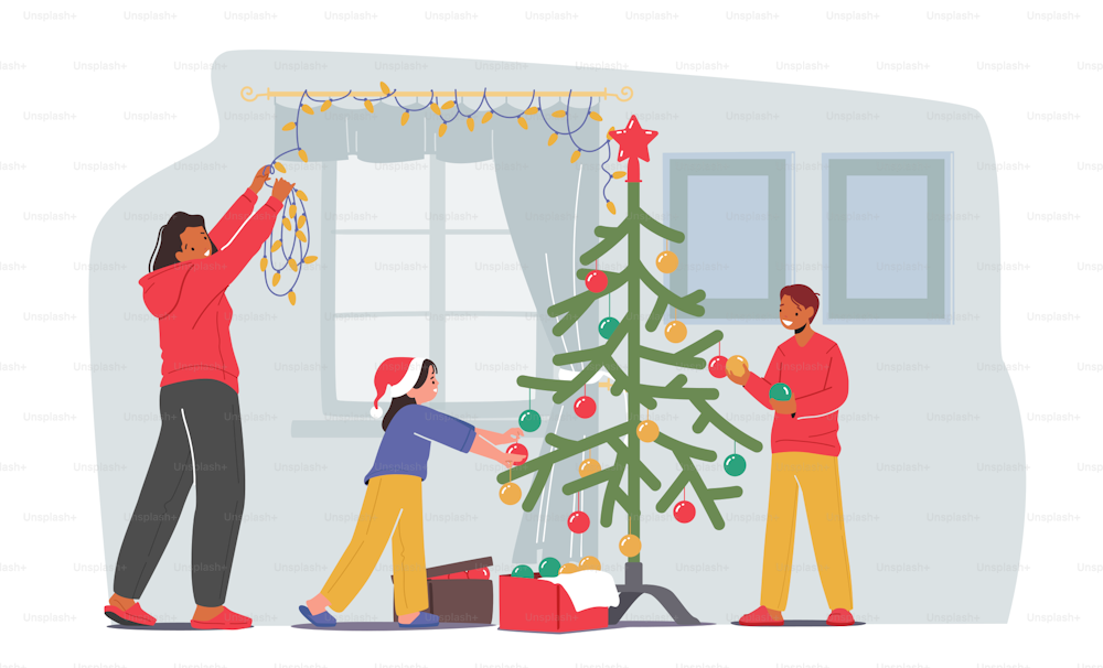 Children with Mom Decorate Home, Happy Family Decorating Room for Christmas Holidays Celebration. Mother Hang Garland on Window, Little Kids Put Toys on Beautiful Fir Tree. Cartoon Vector Illustration