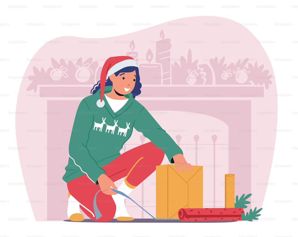 Caja envolvente de mujer con papel decorativo y lazo. El personaje femenino usa suéter de Navidad y regalo de embalaje de sombrero de Santa para la celebración de Navidad y Año Nuevo. Ilustración vectorial de dibujos animados