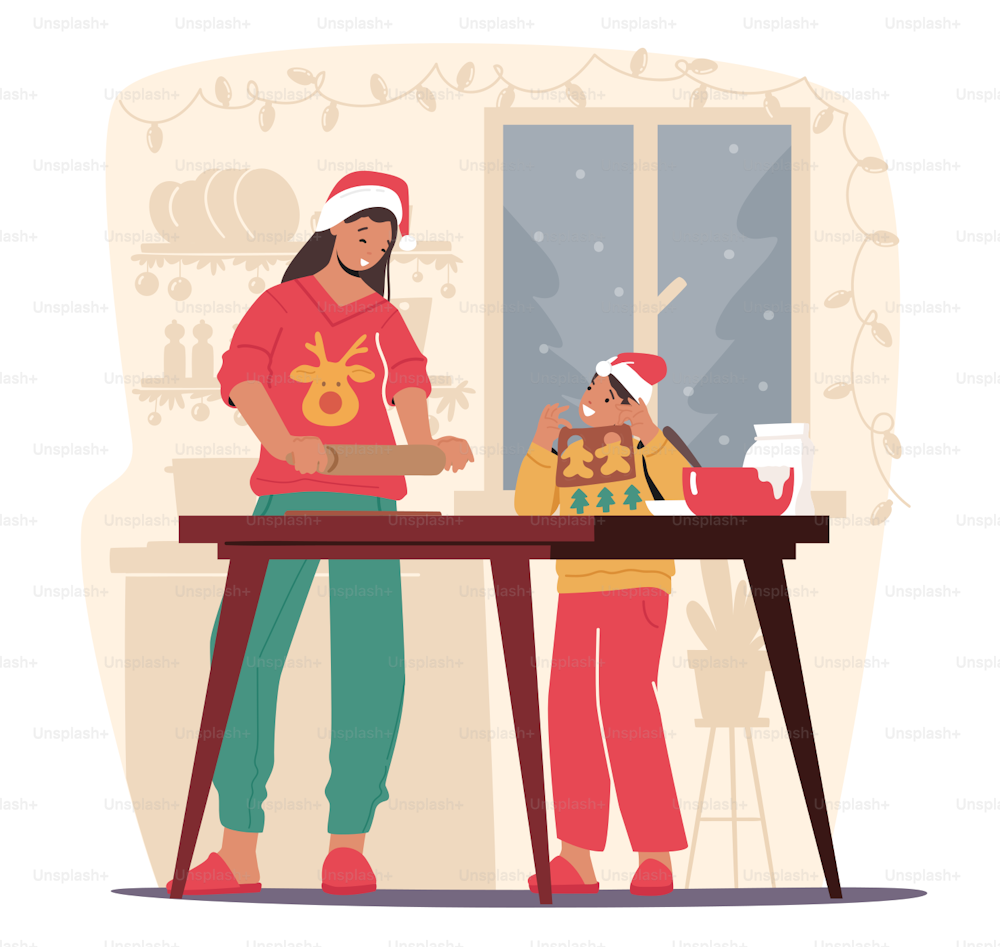 Madre e hija pequeña cocinando galletas navideñas en la cocina. Mujer y niña felices usan sombreros de Santa y ropa navideña divirtiéndose juntas preparan panadería festiva. Ilustración vectorial de Cartoon People