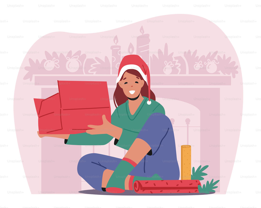 행복한 소녀는 장식용 종이로 가족 포장 상자를 위한 선물을 준비합니다. 여성 캐릭터는 크리스마스와 새해를 위해 크리스마스 스웨터와 산타 모자 포장 선물을 착용합니다. 만화 벡터 일러스트레이션