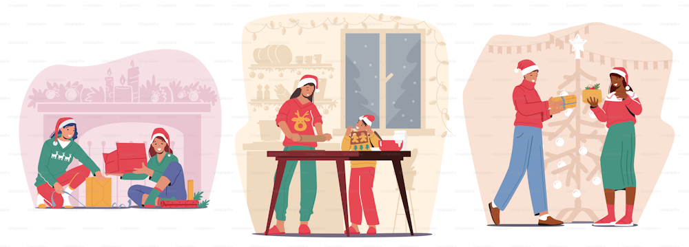 Los personajes de la familia feliz se preparan para la celebración de la víspera de Navidad, la madre con los niños hornean galletas, las mujeres envuelven el regalo con papel y cintas, la pareja que da regalos. Ilustración vectorial de Cartoon People