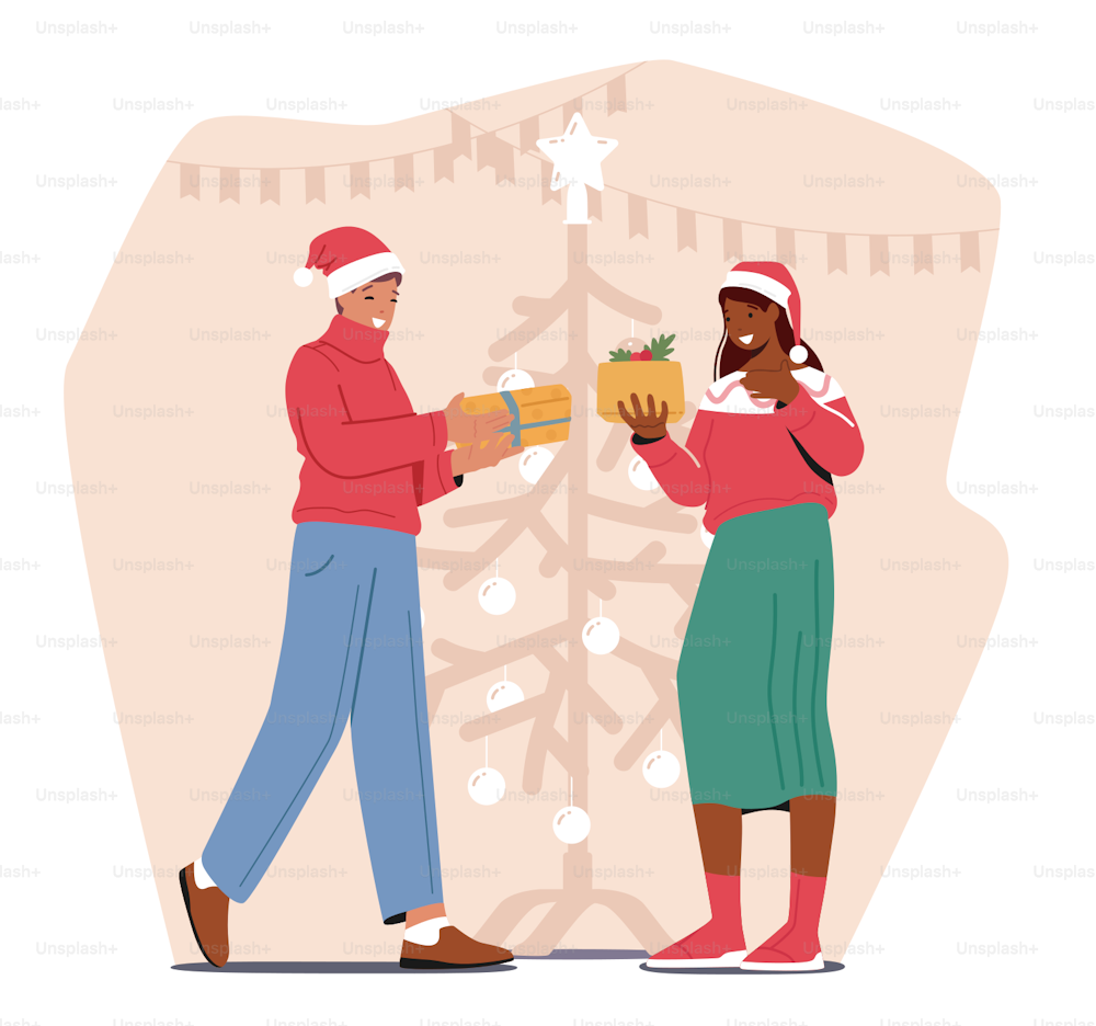 Happy Man and Woman Characters Presenting Gifts to Each Other, Merry Christmas Holiday Party. New Year, Eve Xmas Celebration. Loving Couple Winter Holiday Greetings. Cartoon People Vector Illustration