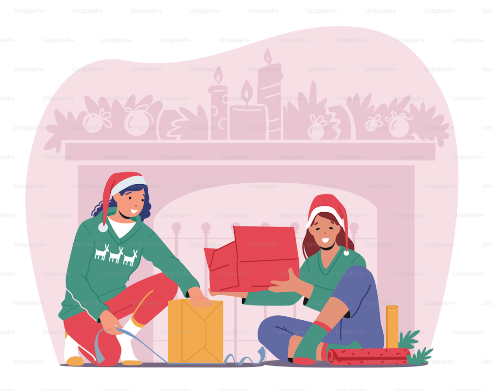 Los personajes femeninos usan suéteres navideños y sombreros de Santa empacando regalos para la celebración de las fiestas de Navidad y Año Nuevo, cajas de envoltura de mujeres con papel decorativo y lazos. Ilustración vectorial de dibujos animados