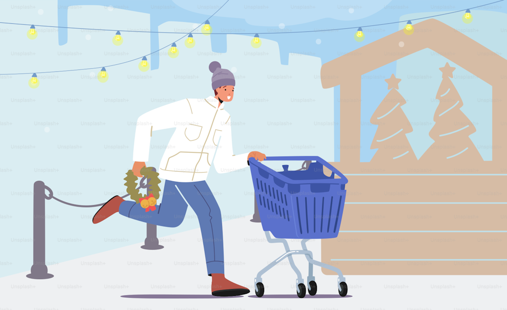 Christmas Sale Concept, Happy Man with Shopping Cart and Wreath in Hand Hurry Up for Buying Gifts on Xmas Fair. Male Character Buying Presents for Festive Season Holidays. Cartoon Vector Illustration