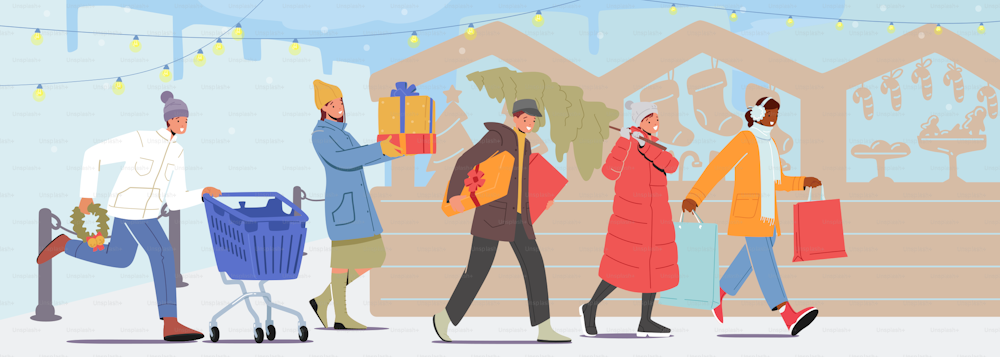 Happy People Carry Gift Boxes in Hands and Shopping Cart Buying Presents on Fair. Characters Walking in Row Hurry for Christmas Celebration with Family on Winter Holidays. Cartoon Vector Illustration